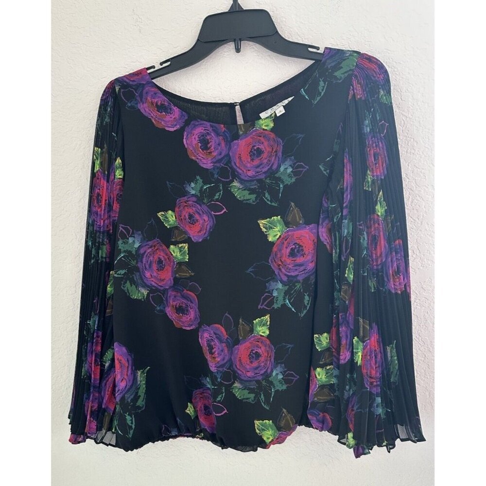 Chaus New York Womens Blouse S Black Floral Pleated Flared Sleeves Sheer‎ Fairy